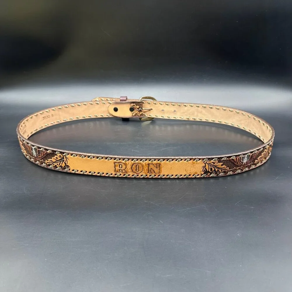 Vintage Leather Belt Eagle Leaf Western Personalized Ron Size 44 Handmade Retro - Picture 3 of 9